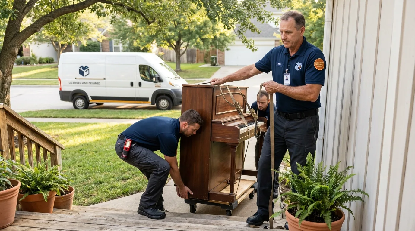 Licensed piano movers securing grand piano in Mound, MN