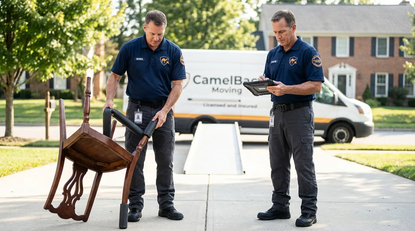 Movers inspecting furniture for damage prevention before loading in Mound, MN
