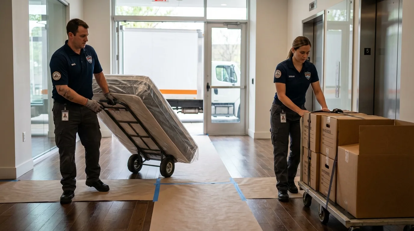 Professional apartment movers loading elevator in Mound, MN